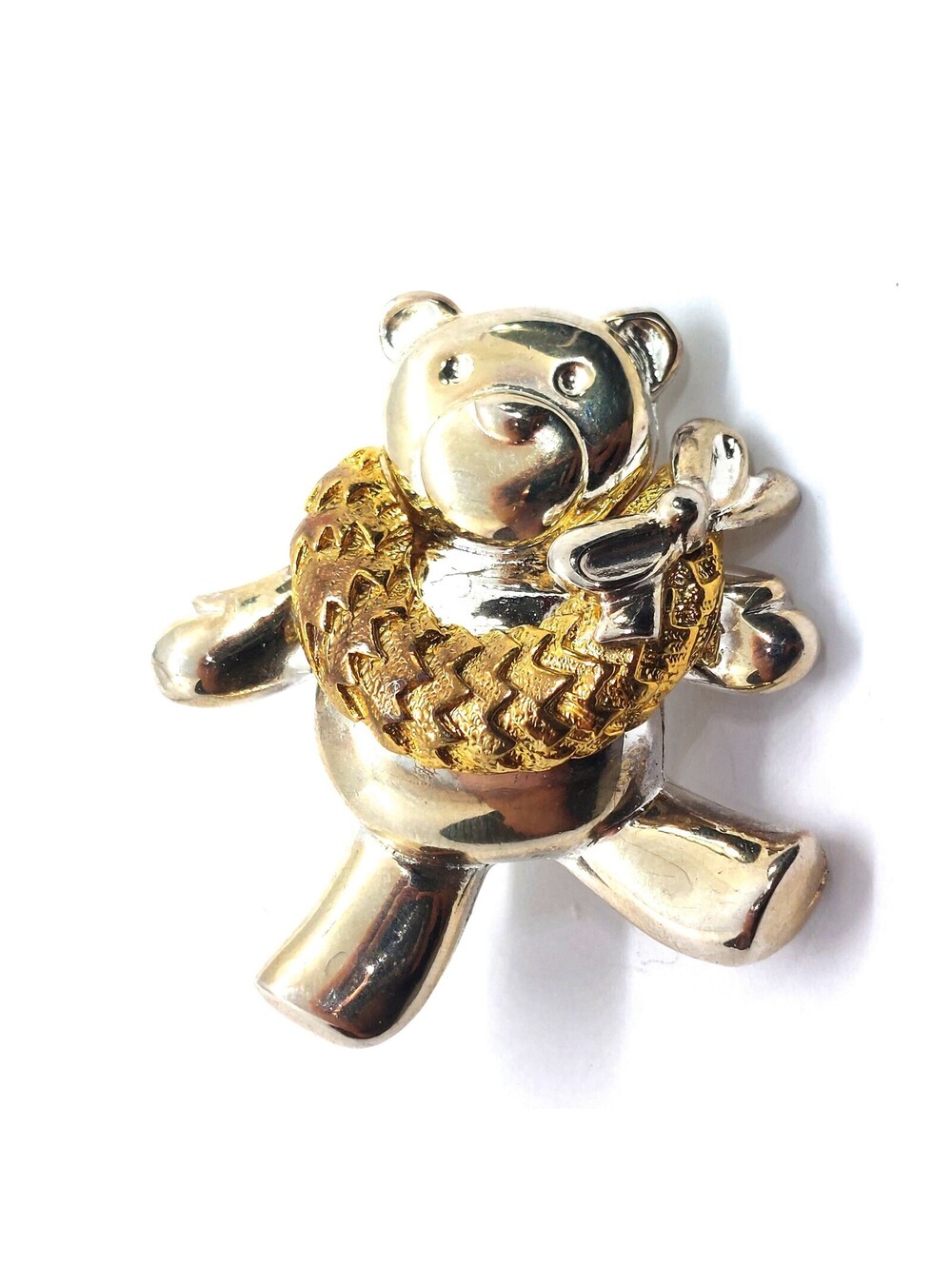 Vintage Teddy Bear Brooch Pin Two Tone Metal Wreath Christmas Holiday